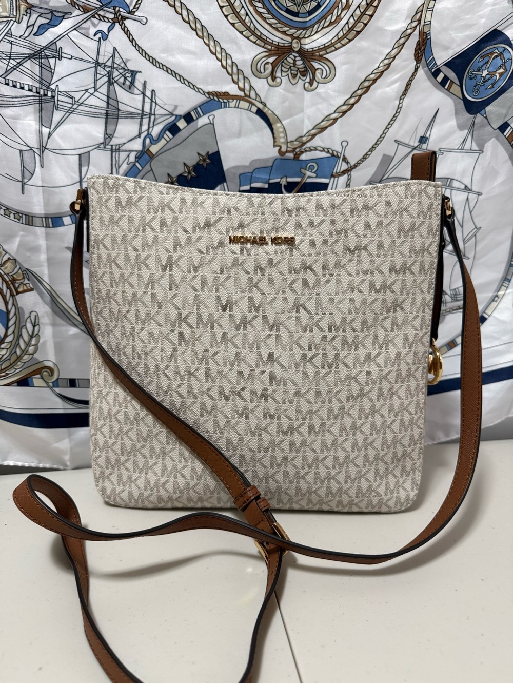 Michael Kors Beige Logo Crossbody Bag with Brown Strap NWT